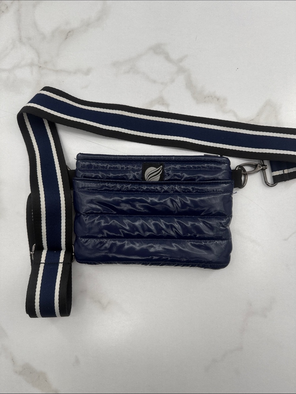 THINK ROYLN Navy Quilted Belt Bag with Striped Strap